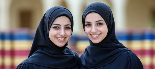 Two Confident Middle Eastern Businesswomen Wearing Hijabs, Portraits of Muslim Professionals