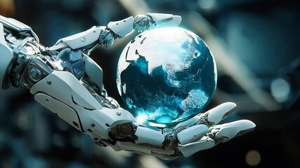 Future technology, robotic arm holding a globe, Three dimensional render of robotic hand holding glowing planet earth	
