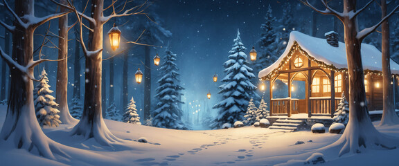 A serene winter wonderland scene unfolds in a mystical Christmas forest, where snow-kissed pine trees stand tall, their branches adorned with delicate twinkling fairy lights and soft-glowing lanterns,