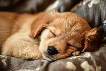 close up of cute golden retriever puppy sleeping on the bed at home