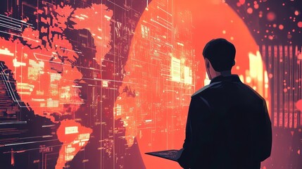 Aufkleber - A person observes a digital world map with data visualizations, suggesting technology and analysis.