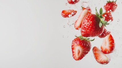 Poster - Fresh strawberries splashing in water with bubbles in bright lighting against a neutral background