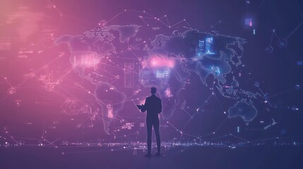 Aufkleber - A silhouette of a person analyzing a digital world map with data connections.