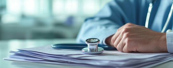 A close-up view of a healthcare professional's hands resting on medical files, with a stethoscope nearby, suggesting a clinical or administrative setting.