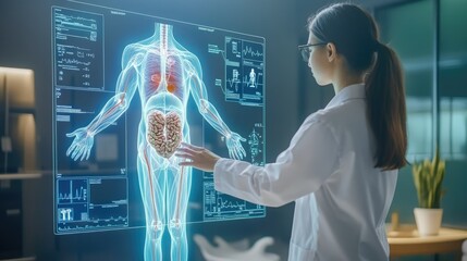 Poster - Advanced holographic display of a human body, doctor reviews diagnostic details and health data