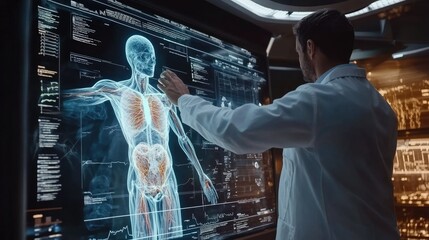 Poster - Advanced holographic display of a human body, doctor reviews diagnostic details and health data