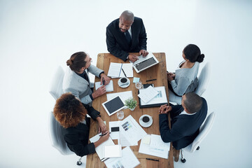 Poster - Business people, meeting and collaboration with tech and public relations with teamwork in office. Above, employee internet with paperwork, staff and discussion with laptop and feedback review