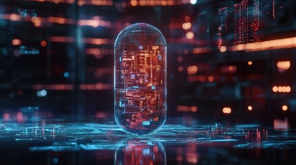 AI-concept pill with futuristic tech patterns, representing future healthcare innovation