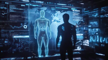 Poster - A silhouetted figure interacts with a holographic human anatomy display in a tech environment.