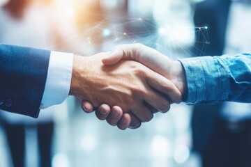 Business professionals shaking hands and networking in an office setting