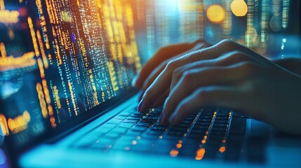 hands typing on a laptop with digital code overlay