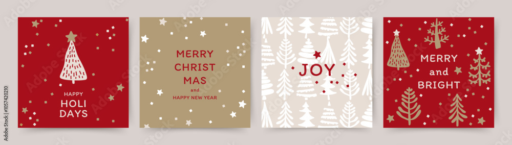 Merry Christmas and Happy New Year greeting card Set. Xmas cute ...