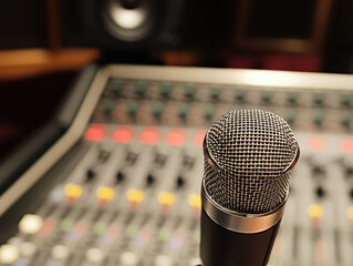 Close-up of a microphone in a recording studio with a blurred audio mixer in the background.