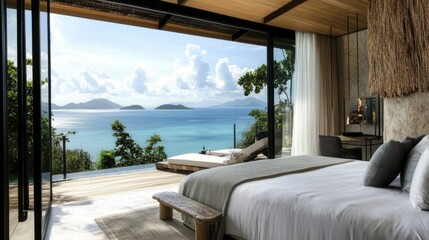 Hotel suite with a large terrace offering a view of the ocean