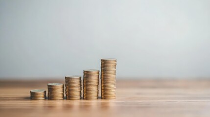 Coin stack, on table work station and blur white wall background. mortgage saving concept
