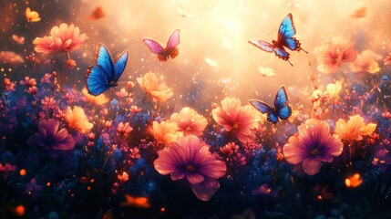 Wall Mural - A vibrant scene of flowers and butterflies in a dreamy, illuminated landscape.