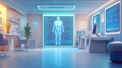 Poster - Modern medical office with holographic body and interactive health metrics, futuristic diagnostics