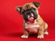 © I Have Photos - Cute bulldog puppy with a wrinkly face on a solid red background, humorous and lovable