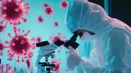 Poster - Scientist in a lab studying flu virus samples under a microscope