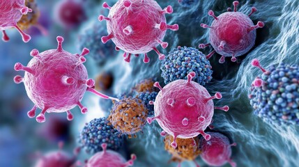 Poster - Close-up illustration of viruses in a biological context, highlighting their structure and interaction.
