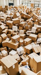 A chaotic scene of stacked cardboard boxes in a warehouse, showcasing logistics and shipping challenges.