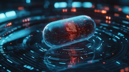 Poster - Smart pill with AI technology inside, holographic data display surrounding it
