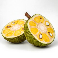 Two jackfruit halves, vibrant yellow inside, green spiky rind, on white background.  Sweet, tropical fruit.