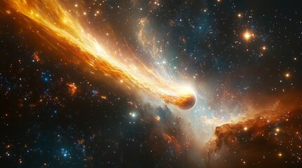 Wall Mural - bright comet with a vibrant tail streaking through the cosmos, surrounded by a bright star cluster generative ai