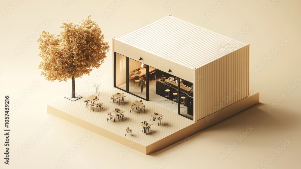 Isometric, minimal-style 3D render of a cafe and restaurant built from ...
