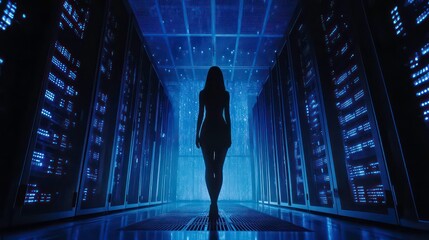 Aufkleber - A silhouetted figure walks through a futuristic server room illuminated by blue lights.