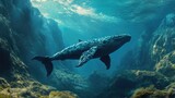 Whale among an underwater mountain landscape