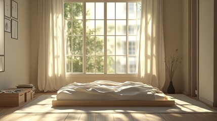 Minimalistic Muji-style 3D rendering of a bedroom interior with simple, open layout and soft, neutral colors; digital art.