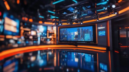 A modern news studio with advanced lighting and a large screen displaying a cityscape.