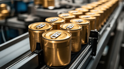 Close-up of metallic beverage cans on a production line in a factory setting, highlighting industrial manufacturing and automation processes with shiny, reflective surfaces.