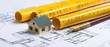 © Cherrin - A miniature house model sits on architectural blueprints, surrounded by yellow measuring tapes, representing construction and design planning.
