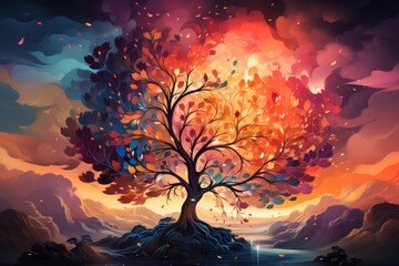 Wall Mural - A vibrant tree with colorful leaves against a dramatic sunset backdrop.