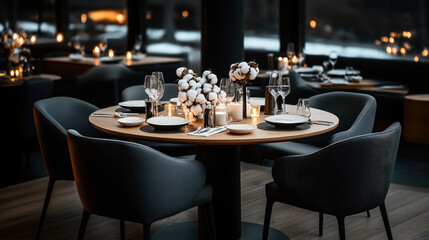 Elegantly set round dining table in a dimly lit restaurant, featuring floral centerpieces, multiple candles, glassware, and modern black chairs.