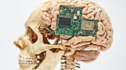 Fototapete - A skull with a circuit board embedded in the brain, symbolizing the fusion of technology and biology.