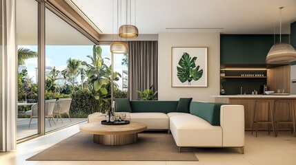 Wall Mural - Modern Open Plan Tropical Villa Interior Design With Large Terrace, Sofa, Kitchen, Biophilic Design