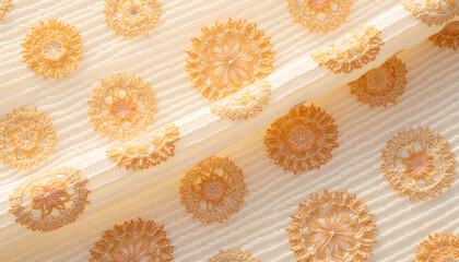 Wall Mural - close-up of intricately woven fabric with floral patterns illuminated by soft, warm light