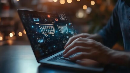 Poster - A person typing on a laptop displaying online shopping cart icons and digital elements.