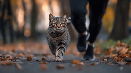 A tabby cat walks towards the camera while a runner in the background walks away.