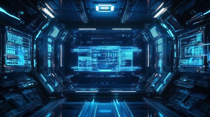 Aufkleber - Futuristic corridor with glowing panels and digital interfaces.