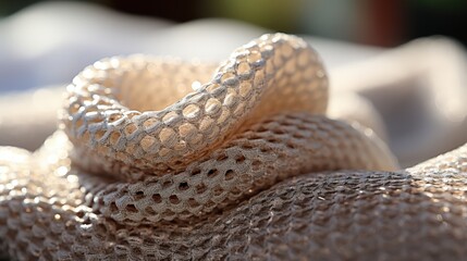 A delicate, intricate weave of soft beige fabric with a captivating, almost ethereal, texture, creating a mesmerizing visual tapestry of light and shadow.