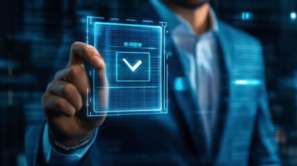 Poster - A businessman interacts with a digital interface, confirming an action with a checkmark.