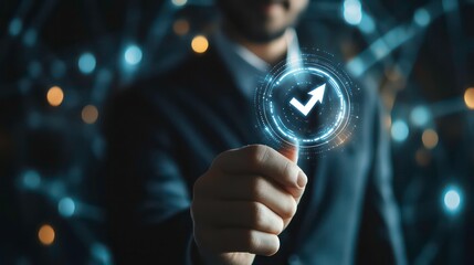 Leinwandbilder - This is the quality document control checklist with the business approval project concept. The businessman ticks off the correct sign mark in the electronic document on the virtual screen