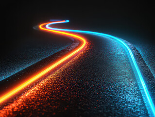 Abstract digital art featuring a glowing orange and blue line on a dark background.