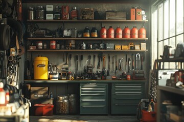 A cluttered garage with many tools and supplies