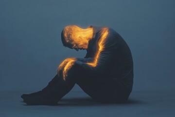 A man is sitting on the ground with his hands on his knees