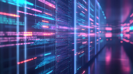 Abstract network with random programming code, web and software development concept, futuristic technology, digital connectivity, cyber space render). Digital Cyberspace. Illustration